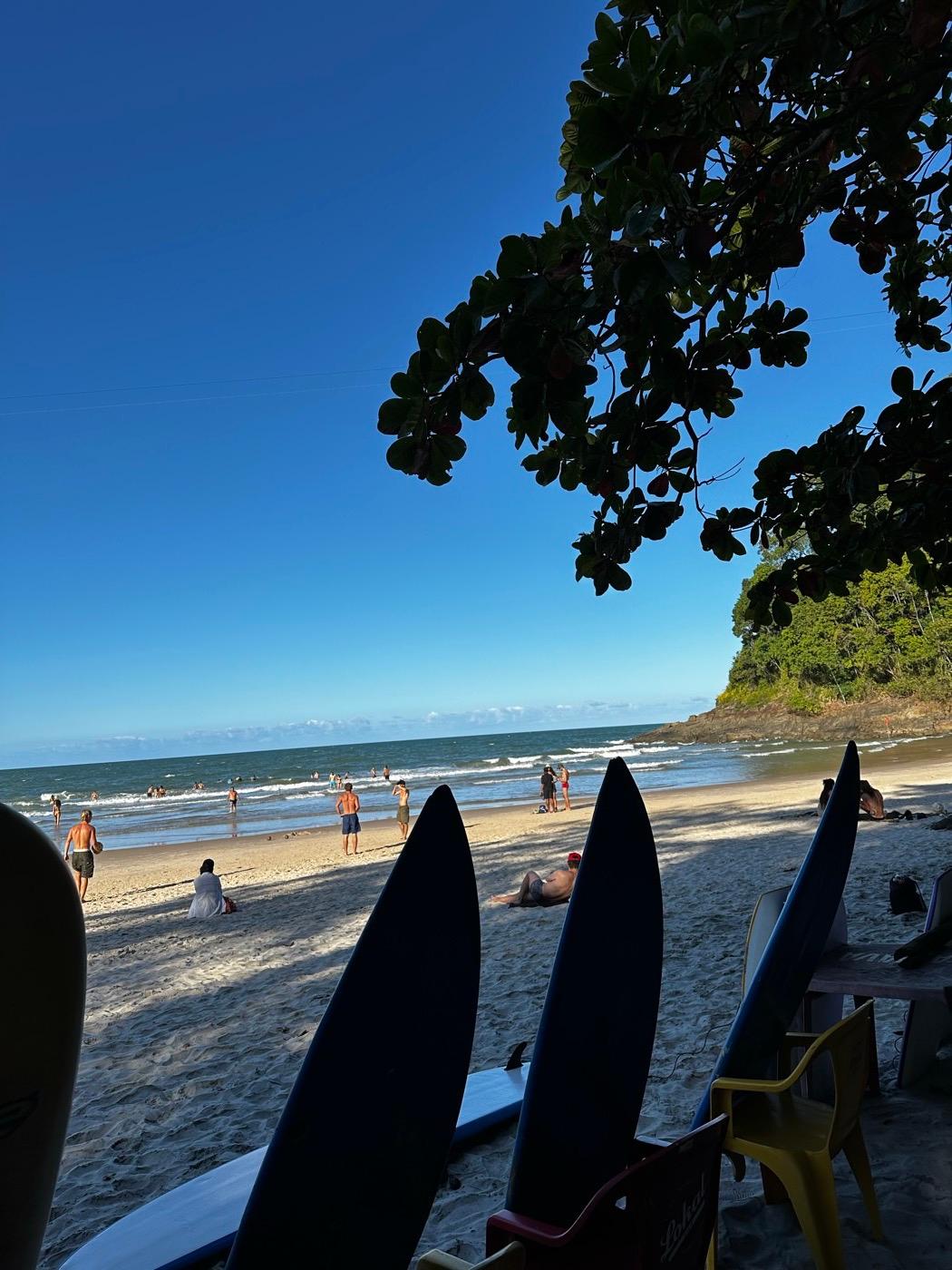 Vista da praia com pranchas